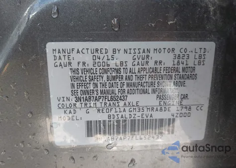 2015 Nissan Sentra Fe+ S/S/Sl/Sr/Sv из США, поврежденный, VIN 3N1AB7AP7FL652437